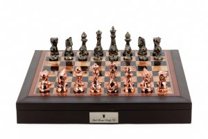 Dal Rossi Italy Brown PU Leather Bevelled Edge chess box with compartments 18" with Diamond-Cut Copper & Bronze Finish Chessmen-0