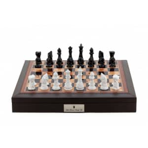 Dal Rossi Italy Brown PU Leather Bevelled Edge chess box with compartments 18" with Diamond-Cut Black & White Finish Chessmen-0