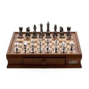 Dal Rossi Italy Chess Set with Diamond-Cut Titanium & Silver 85mm chessmen on a Walnut Finish Chess Box 16” with drawers-0