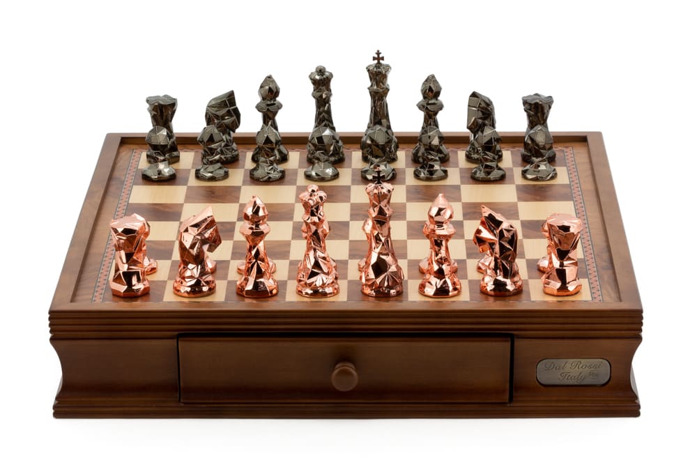 Dal Rossi Italy Chess Set with Diamond-Cut Copper & Bronze 85mm chessmen on a Carbon Fibre Shiny Finish Chess Board16” -0