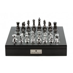 Dal Rossi Italy Chess Set with Diamond-Cut Titanium & Silver 85mm chessmen on a Carbon Fibre Shiny Finish Chess Box 16” with compartments-0