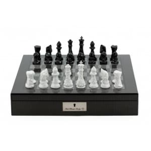 Dal Rossi Italy Chess Set with Diamond-Cut Black & White 85mm chessmen on a Carbon Fibre Shiny Finish Chess Box 16” with compartments-0