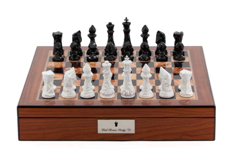 Dal Rossi Chess Set With Diamond-Cut Black & White 85mm Chessmen on Walnut Finish Chess Box 16” with compartments-0